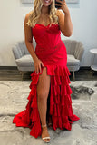 Red Strapless Corset Mermaid Long Prom Dress with Ruffles and Slit