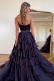 A Line Black Tiered Chiffon Long Corset Prom Dress with Slit