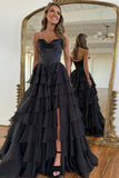 A Line Black Tiered Chiffon Long Corset Prom Dress with Slit