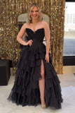 A Line Black Tiered Chiffon Long Corset Prom Dress with Slit
