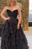 A Line Black Tiered Chiffon Long Corset Prom Dress with Slit