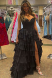 A Line Black Tiered Chiffon Long Corset Prom Dress with Slit