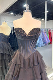 A Line Black Tiered Chiffon Long Corset Prom Dress with Slit