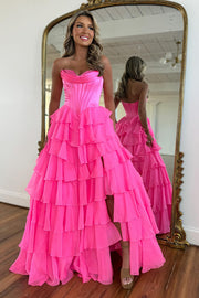 Fuchsia Princess Tiered Corset Strapless Prom Dress