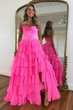 Fuchsia Princess Tiered Corset Strapless Prom Dress
