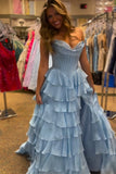 Light Blue Princess Tiered Corset Strapless Prom Dress