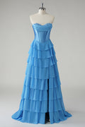 Yellow A Line Strapless Basque Waist Long Prom Dress with Tiered Ruffled Slit Skirt