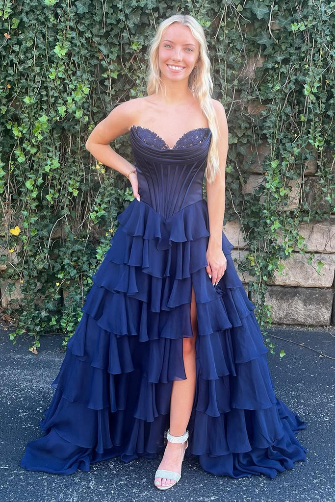 Lvnes Women Tiered Prom Dress Blue Princess Corset Strapless A Line ...