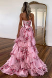 Blush Floral Print Tiered Tulle Corset Strapless Prom Dress