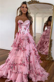 Blush Floral Print Tiered Tulle Corset Strapless Prom Dress