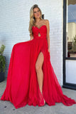 Red Hollow-out Strapless Ruched Prom Dress with Slit