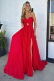 Red Hollow-out Strapless Ruched Prom Dress with Slit