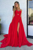 Red Hollow-out Strapless Ruched Prom Dress with Slit