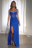 Sparkly Royal Blue Mermaid Corset Beaded Prom Dress with Slit