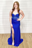 Sparkly Royal Blue Mermaid Corset Beaded Prom Dress with Slit