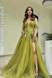 Green Tulle Appliqued Corset Off The Shoulder Prom Dress with Slit