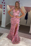 Sparkly Pink Floral V Neck Ruffles Tulle A-Line Prom Dress with Slit