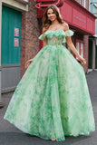 Floral A Line Off The Shoulder Corset Long Green Prom Dress