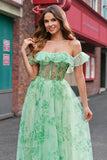 Floral A Line Off The Shoulder Corset Long Green Prom Dress
