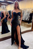 Hollow Out Sparkly Black Mermaid Strapless Beaded Prom Dress with Slit