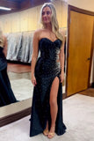 Hollow Out Sparkly Black Mermaid Strapless Beaded Prom Dress with Slit