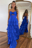Royal Blue Sweetheart Chiffon A-Line Tiered Prom Dress with Slit