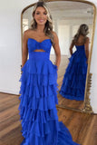 Royal Blue Sweetheart Chiffon A-Line Tiered Prom Dress with Slit
