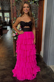 A Line Strapless Cut Out Hot Pink Tiered Prom Dress with Slit
