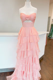 A Line Strapless Cut Out Hot Pink Tiered Prom Dress with Slit