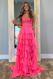 A Line Strapless Cut Out Hot Pink Tiered Prom Dress with Slit