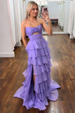 Purple Chiffon Strapless Tiered A-Line Prom Dress with Ruffles