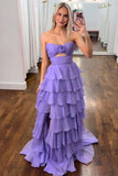 Purple Chiffon Strapless Tiered A-Line Prom Dress with Ruffles