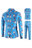 Men's Blue Christmas Printed 3-Piece One Button Party Suits