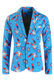 Men's Blue Christmas Printed 3-Piece One Button Party Suits