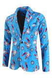 Men's Blue Christmas Printed 3-Piece One Button Party Suits
