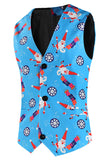 Men's Blue Christmas Printed 3-Piece One Button Party Suits