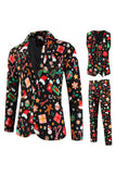 Men's Christmas Printed Black 3 Piece Party Suits