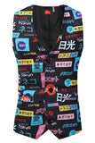 Men's Black Christmas Japanese Printed 3-Piece One Button Suits