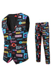 Men's Black Christmas Japanese Printed 3-Piece One Button Suits