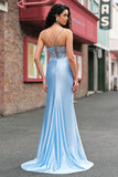 Blue Mermaid Spaghetti Straps Appliqued Long Prom Dress with Slit