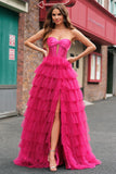 Fuchsia Princess Strapless Cut Out Tiered Tulle Long Prom Dresses