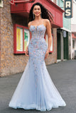 Light Blue Floral Beaded Mermaid Spaghetti Straps Tulle Prom Dress