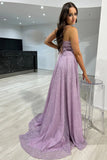 Sparkly Dark Grey Tulle Corset A Line Prom Dress with Slit