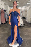 Sparkly Navy Corset Off The Shoulder Prom Dress with Slit