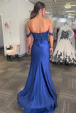 Sparkly Navy Corset Off The Shoulder Prom Dress with Slit