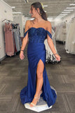 Sparkly Navy Corset Off The Shoulder Prom Dress with Slit