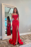 Glitter Red Hollow-out Mermaid Prom Dress with Slit