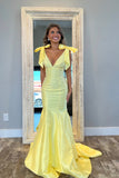 Glitter Yellow V Neck Mermaid Beaded Prom Dress with Bow