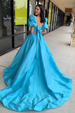 Blue Puff Sleeves Corset A Line Prom Dress with Train