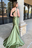 Sage One Shoulder Hollow-out Tight Slit Prom Dress with Train